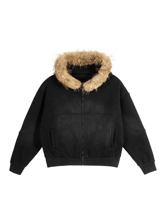 Blank Sun Fade Boxy Detachable Fur Hoodie