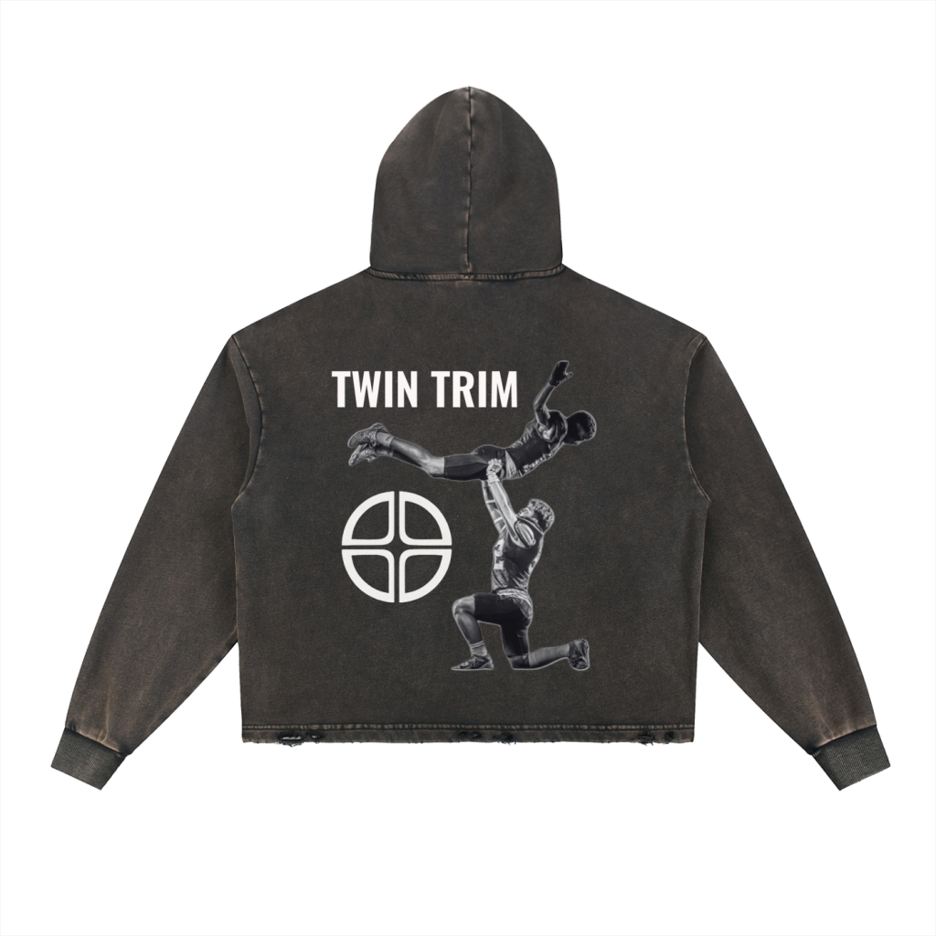 TWIN TRIM X ICYTIME Vintage Washed Frayed-Hem Hoodie